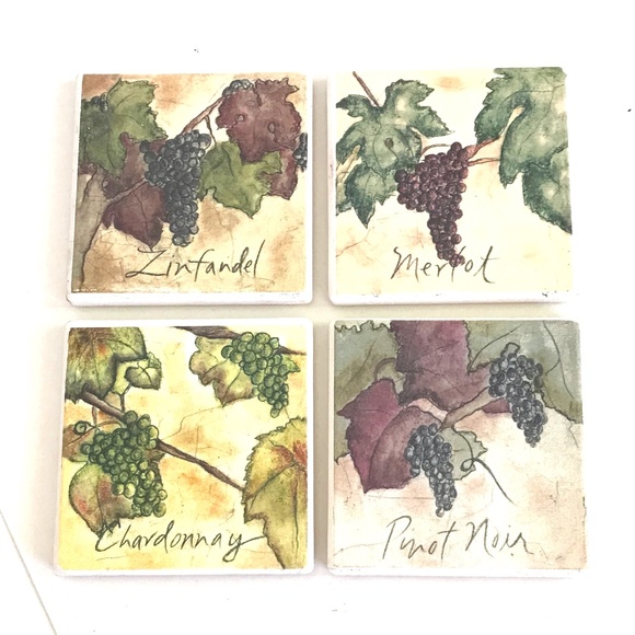 Stone Coasters Wine Themed Set of 4 Cork Merlot Zinfandel Chardonnay Pinot 4” - Picture 1 of 9